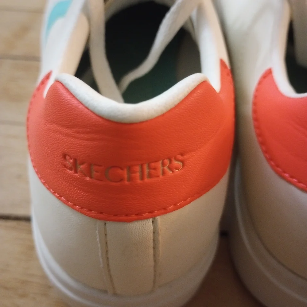 Skechers Eden LX Court Classics Off White With Coral Pink + Teal Accents Size 10